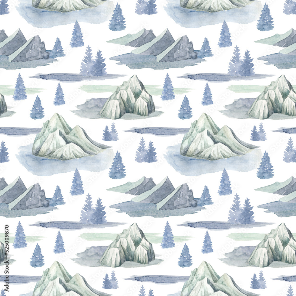 Watercolor winter landscape seamless pattern. Hand drawn high snowy mountain peaks, blue fir trees and splash textures isolated on white background. Foggy woodland scenery. Nature illustration design