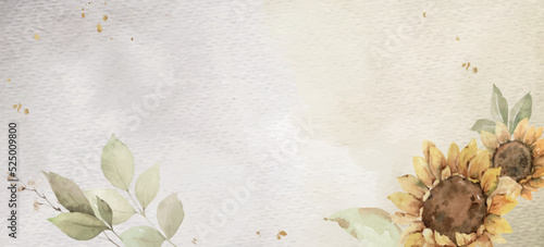 Watercolor vector autumn background with sunflower flowers and branches.