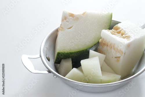 Chinese vegetable, chopped winter melon on stainless steel pan for cooking ingredient