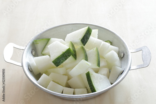 Chinese vegetable, chopped winter melon on stainless steel pan for cooking ingredient