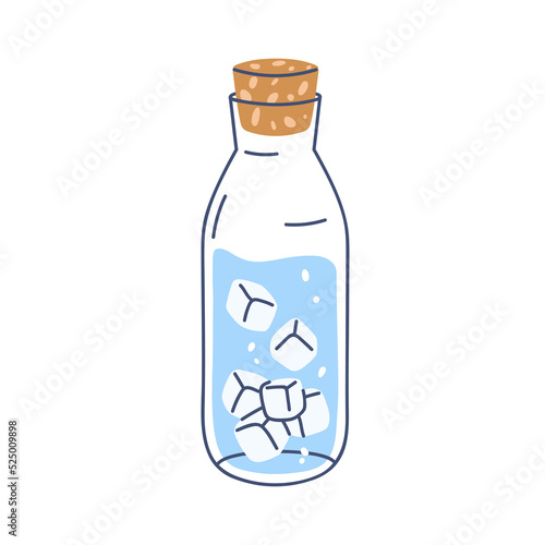 Corked glass bottle with clean pure sparkling water and ice cubes. Fresh clear cold carbonated aqua drink, refreshment with bubbles. Line-art flat vector illustration isolated on white background