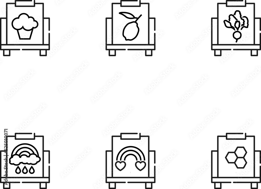 Modern monochrome symbols for web sites, apps, articles, stores, adverts. Editable strokes. Vector icon set with icon of cupcake, lemon, beetroot, rainbow, heart, honeycomb on canvas Modern monochrome symbols for web sites, apps, articles, stores, adverts. Editable strokes. Vector icon set with icon of cupcake, lemon, beetroot, rainbow, heart, honeycomb on canvas