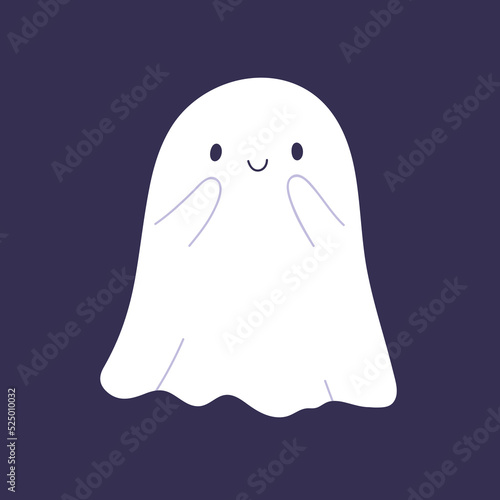 Cute happy Halloween ghost. Smiling cheerful lovely spook with friendly face expression, touched nice emotion. Sweet magic spirit character. Isolated childish flat vector illustration of phantom
