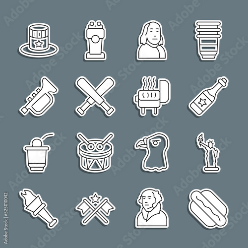 Set line Hotdog sandwich, Statue of Liberty, Champagne bottle, Benjamin Franklin, Crossed baseball bat, Trumpet, Patriotic American top hat and Barbecue grill icon. Vector