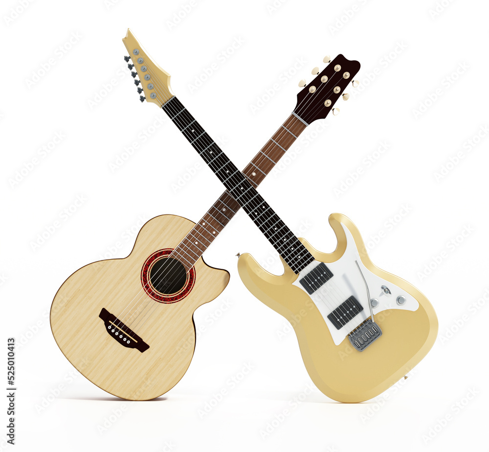 Fototapeta premium Electric and classical guitars isolated on white background. 3D illustration