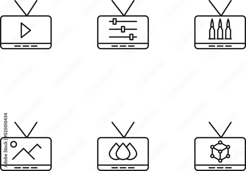 Modern monochrome symbols for web sites, apps, articles, stores, adverts. Editable strokes. Vector icon set with icon of play sign, sound bar, bullet, mountains, drops, chemical compound on tv screen Modern monochrome symbols for web sites, apps, articles, stores, adverts. Editable strokes. Vector icon set with icon of play sign, sound bar, bullet, mountains, drops, chemical compound on tv screen