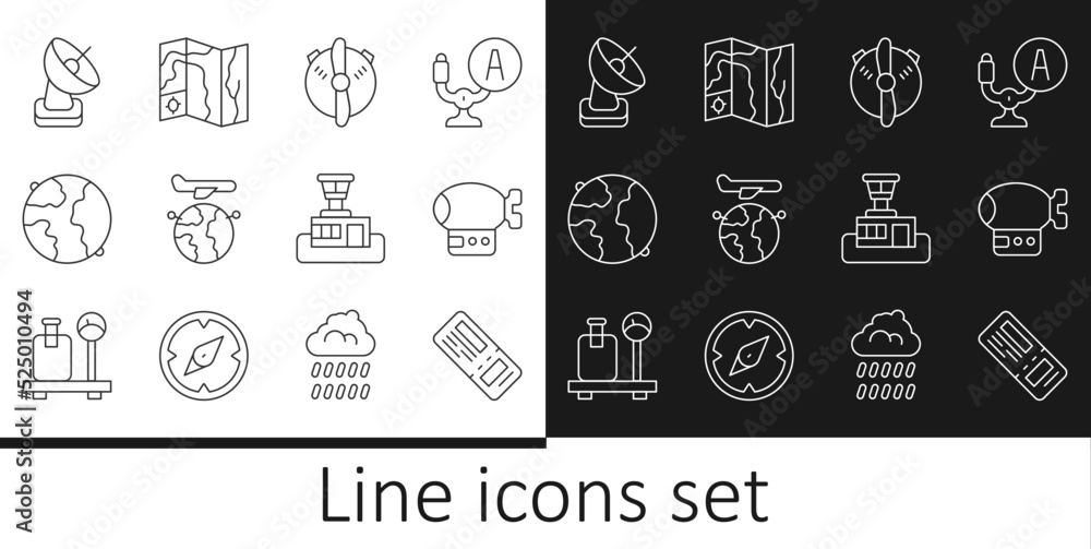 Set line Airline ticket, Airship, Plane propeller, Globe with flying plane, Worldwide, Radar, Airport control tower and travel map icon. Vector