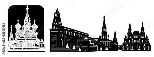 Black and white image. The silhouette of ancient cities.
 Drawing for stencil, printing, laser cutting. Moscow.