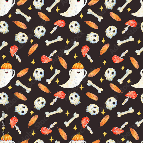 Watercolor seamless pattern of cute vintage ghosts, pumpkins and flowers. For Halloween-themed designer products. They are not entirely scary, so they will make you smile. Just say BOOOO