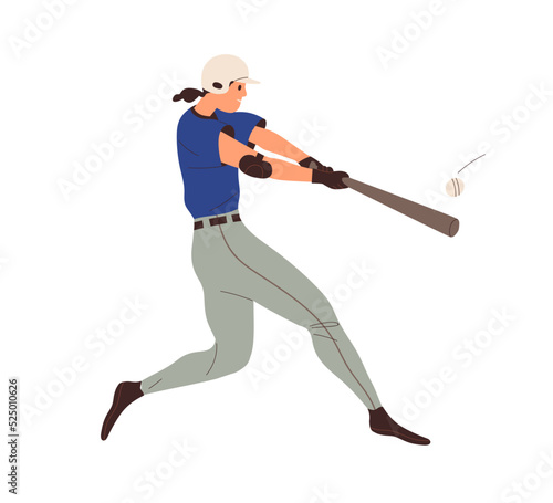 Baseball batter holding bat, swinging and hitting ball. Woman athlete hitter in helmet, uniform playing outdoor game. Professional sports player. Flat vector illustration isolated on white background