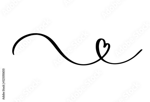 Squiggle and swirl line with a heart. Hand drawn calligraphic swirl.