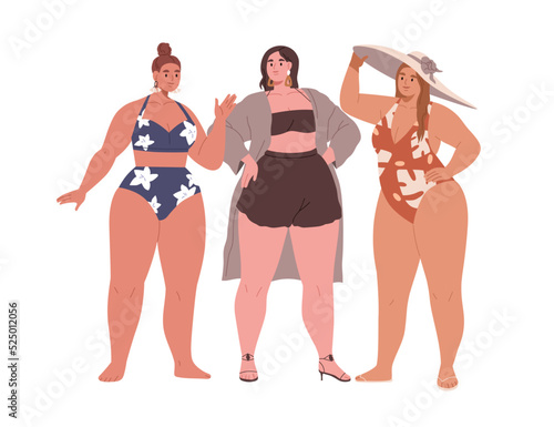 Women with plus-size curvy fat bodies. Plump chubby girls in bikini swimwear. Happy pretty chunky girlfriends standing in beach swimsuits. Flat vector illustration isolated on white background
