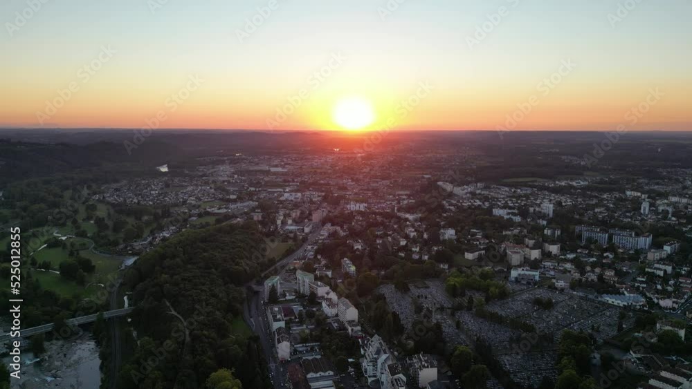 Drone view on European town in sunset golden hour Drone view on European town in sunset golden hour
