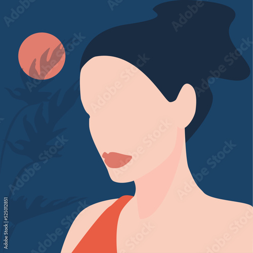 Abstract portrait of a young woman against the backdrop of the moon. Vector flat illustration.