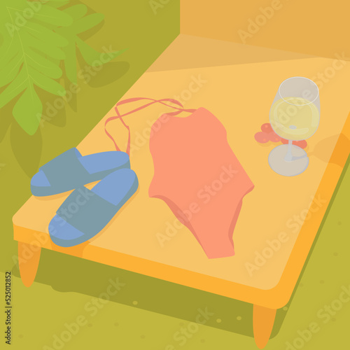 Summer sale template. Composition of a swimsuit, flip-flops and a glass of wine on the beach. Island vacation concept.