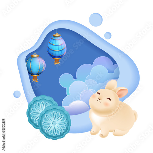 Mid Autumn festival template with rabbit, blue mooncakes with pattern and chinese lantern. Vector illustration. Design element for traditional asian holiday with bunny and paper cut chinese clouds © VD_ele