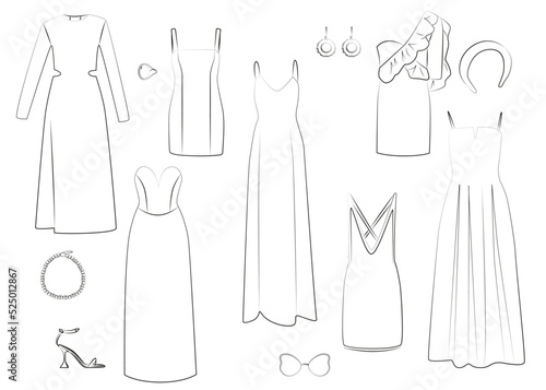 Icon set of women's dresses and accessories. Dresses fashion line, linear isolated vector illustration on white background