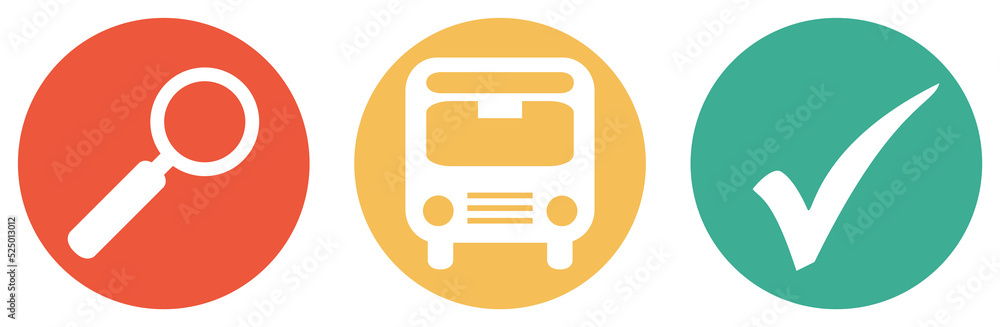 Bus, Fernbus oder Reisebus suchen - Bunter Button Banner Bus, Fernbus oder Reisebus suchen - Bunter Button Banner