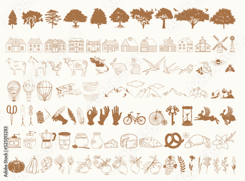 Collection of farm elements, vintage linear symbols, food icons design. Farm animals, farmhouse, cottage, harvest, dairy products, vintage old fashion object, landscape. Editable Vector Illustration.