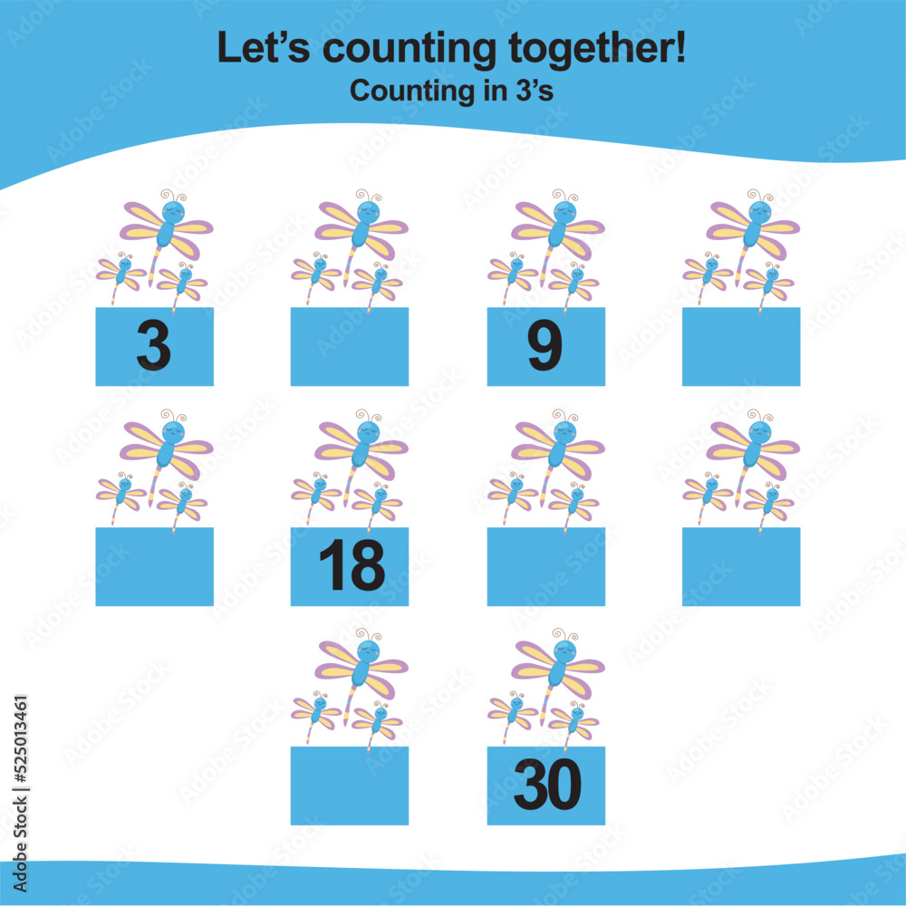 Counting game for children. Count multiples of three. Educational printable math worksheet. Vector illustration. Counting game for children. Count multiples of three. Educational printable math worksheet. Vector illustration.