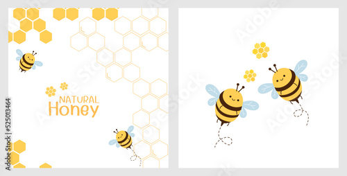 Bee cartoons and honey signs on white backgrounds vector.