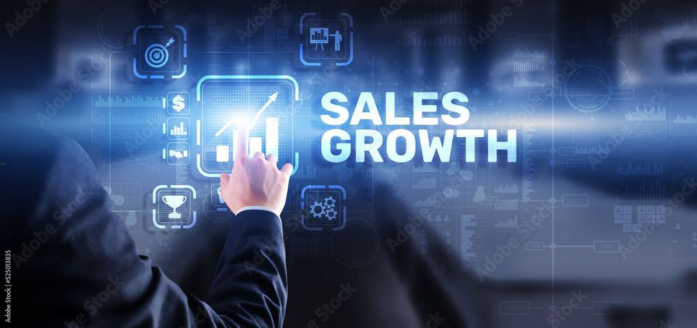 Sales Growth Man clicks inscription on virtual 3D screen Sales Growth Man clicks inscription on virtual 3D screen