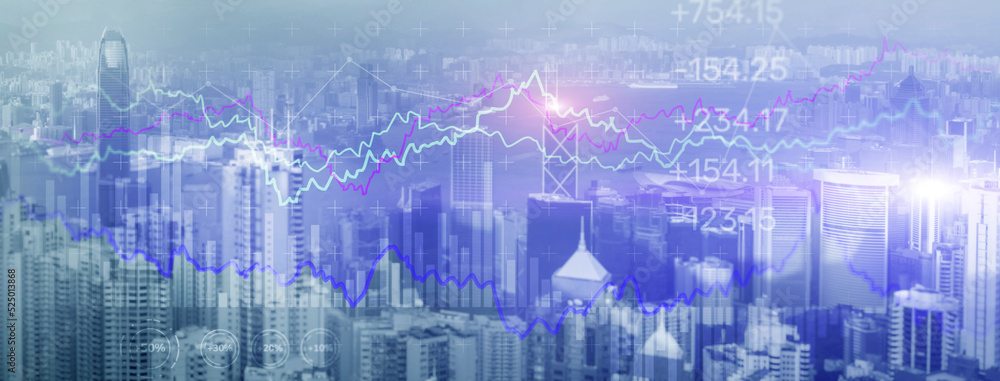 Double exposure Financial graphs and diagrams. Business, economics and investment concept on modern city background Double exposure Financial graphs and diagrams. Business, economics and investment concept on modern city background