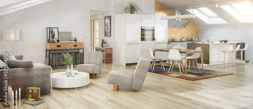 Quadro su tela Sonnige Dachwohnung im Loft- Ausbau - panoramische 3D Visualisierung