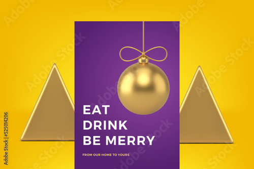 Premium hanged golden ball toy Happy winter holiday congrats greeting card realistic 3d icon vector