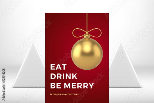 Fashion red Merry Christmas greeting card hanged golden ball toy realistic 3d icon vector