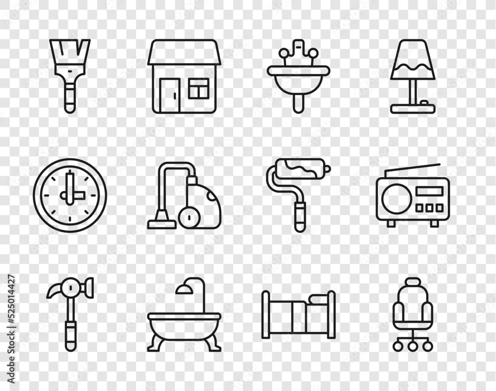 Set line Hammer, Office chair, Washbasin, Bathtub, Paint brush, Vacuum cleaner, Bed and Radio icon. Vector Set line Hammer, Office chair, Washbasin, Bathtub, Paint brush, Vacuum cleaner, Bed and Radio icon. Vector
