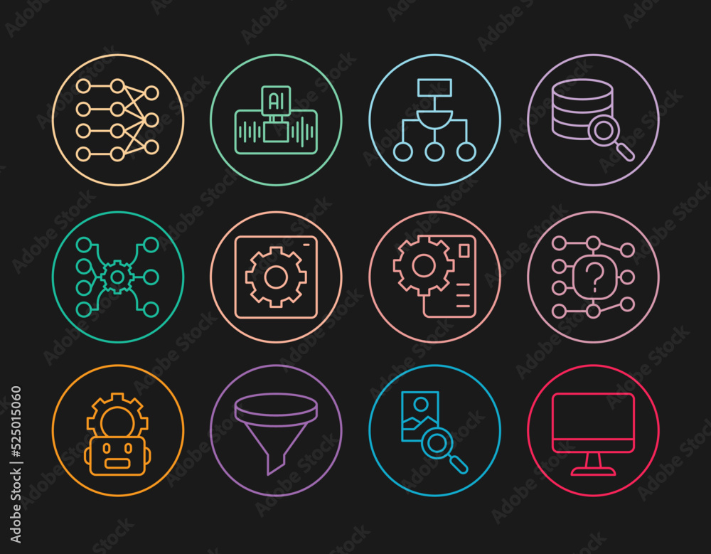 Set line Computer monitor, Neural network, Algorithm, api interface, and Artificial intelligence AI icon. Vector