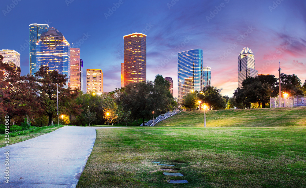 Houston Texas Skyline with modern skyscrapers and blue sky view from park  river US Stock Photo | Adobe Stock