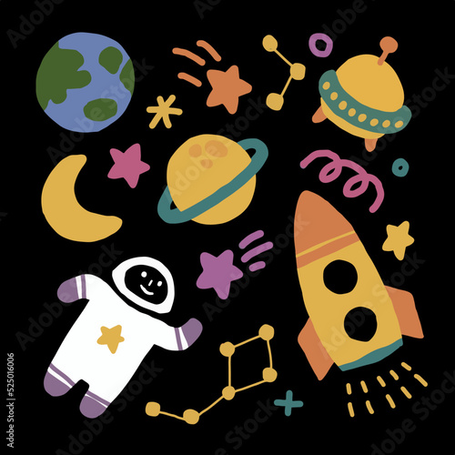 cartoon ufo alien, Astronaut, space ships, planets, stars and earth. Vector illustration on dark background