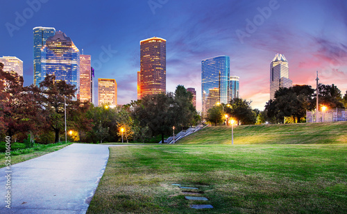 Houston Texas Skyline with modern skyscrapers and blue sky view from park river US