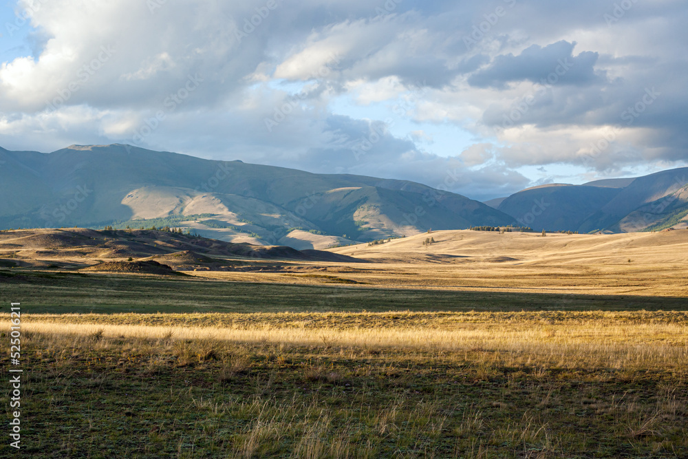 Steppe against the backdrop of mountains in the sunset light