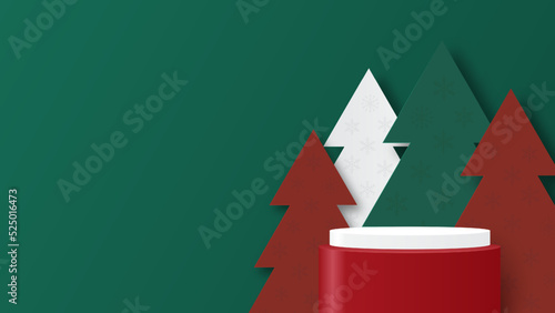 Merry Christmas banner with podium platform and christmas tree on green background. Happy new year stand to show product for christmas