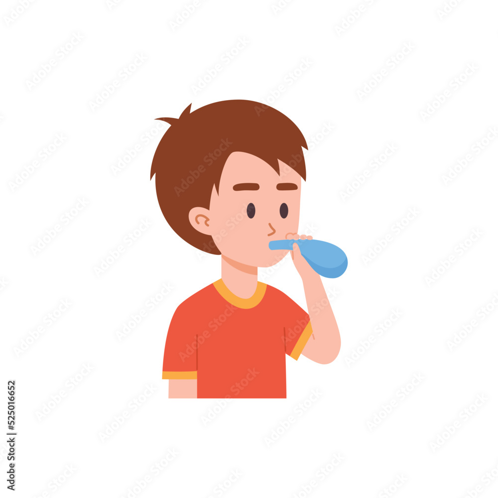 Child boy inflating a balloon for birthday gift or game, flat vector isolated. Child boy inflating a balloon for birthday gift or game, flat vector isolated.