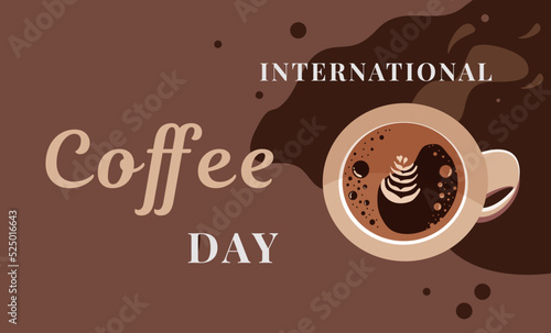 International Coffee Day, cappuccino coffee mug top view. Vector illustration