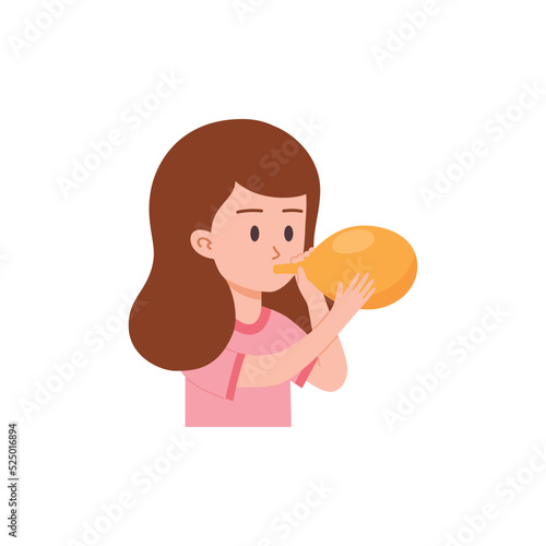 Little girl in pink T-shirt concentrating on inflating yellow balloon flat style