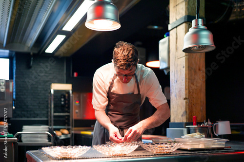 Chef serving meal in dishes