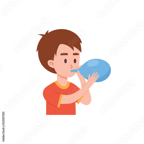 Cute little boy inflates rubber balloon, kids party concept, flat vector illustration isolated on white background.