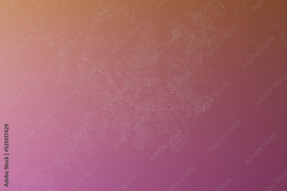 Map of the streets of Bissau (Guinea-Bissau) made with white lines on pinkish red gradient background. Top view. 3d render, illustration Map of the streets of Bissau (Guinea-Bissau) made with white lines on pinkish red gradient background. Top view. 3d render, illustration