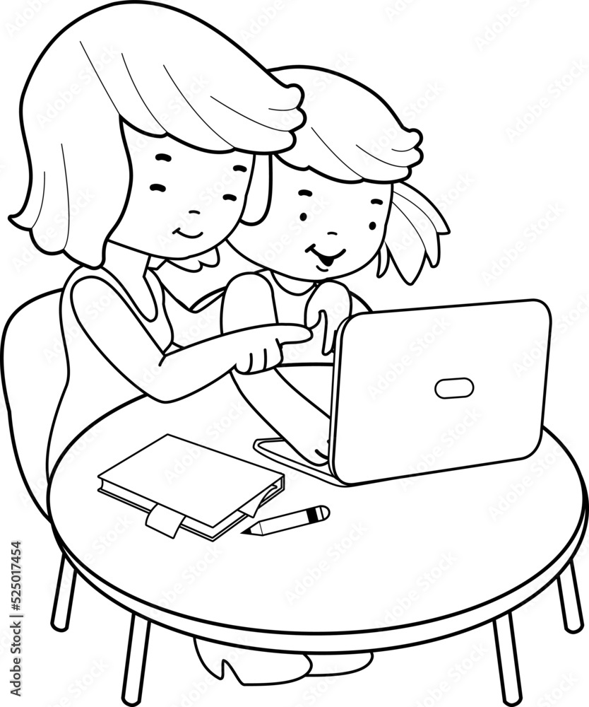 Mother helping her daughter with her school homework using the computer. Vector black and white coloring page Mother helping her daughter with her school homework using the computer. Vector black and white coloring page