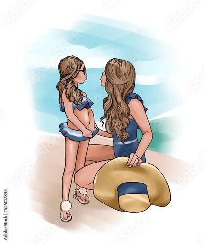 Mother and daughter in bathing suits and with a wide-brimmed straw hat look at each other. Illustration