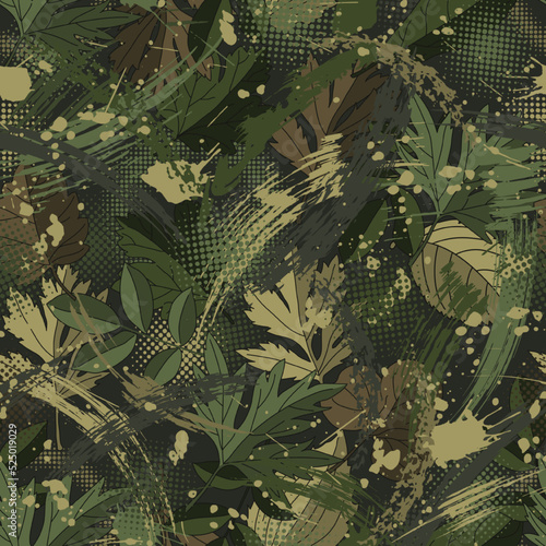 Seamless green camouflage pattern with paint brush strokes, leaves, halftone shapes, spatters Dense chaotic composition Good for apparel, fabric, textile, sport goods Grunge texture for surface design