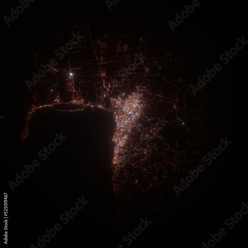 Fototapeta Naklejka Na Ścianę i Meble -  Bujumbura (Burundi) street lights map. Satellite view on modern city at night. Imitation of aerial view on roads network. 3d render