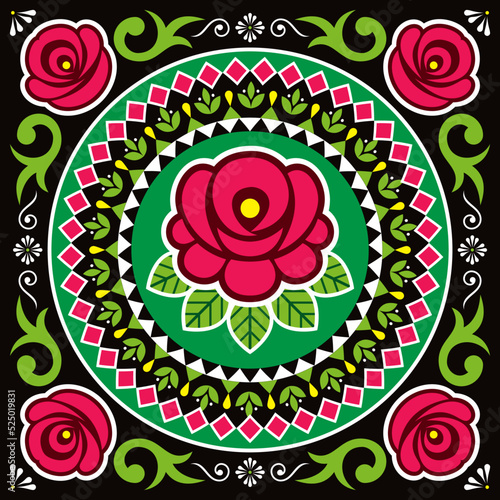 Pakistani and Indian truck art vector squre design with roses, swirls and geometric mandala on black background
