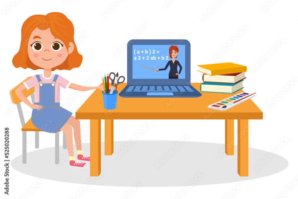 Online lessons.A little girl is doing her homework.Vector graphics. Online lessons.A little girl is doing her homework.Vector graphics.