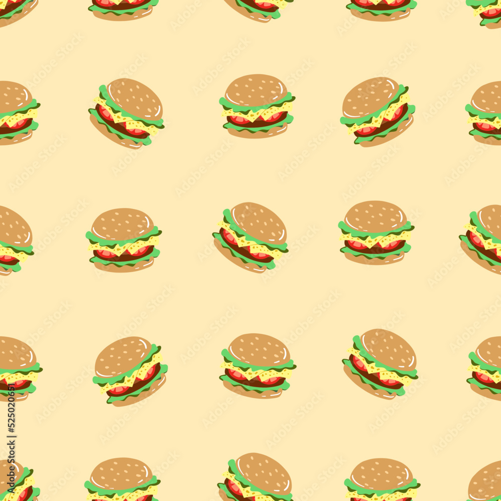 Seamless pattern with burger. Hand drawn of fast food illustration. Background for restaurant, menu, street food, cafe